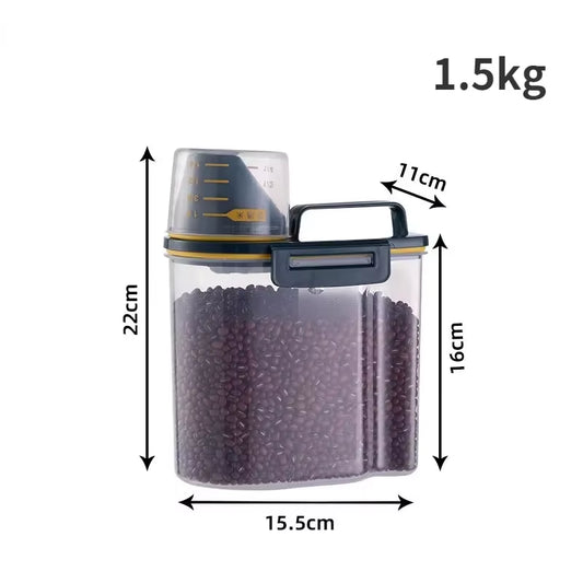 Cubo de plástico para almacenar comida para perros y gatos de 1,5 kg/2 kg con recipiente medidor