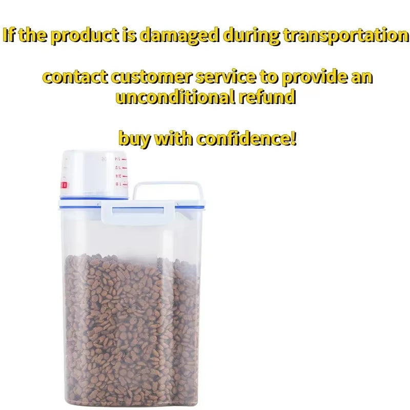 Cubo de plástico para almacenar comida para perros y gatos de 1,5 kg/2 kg con recipiente medidor
