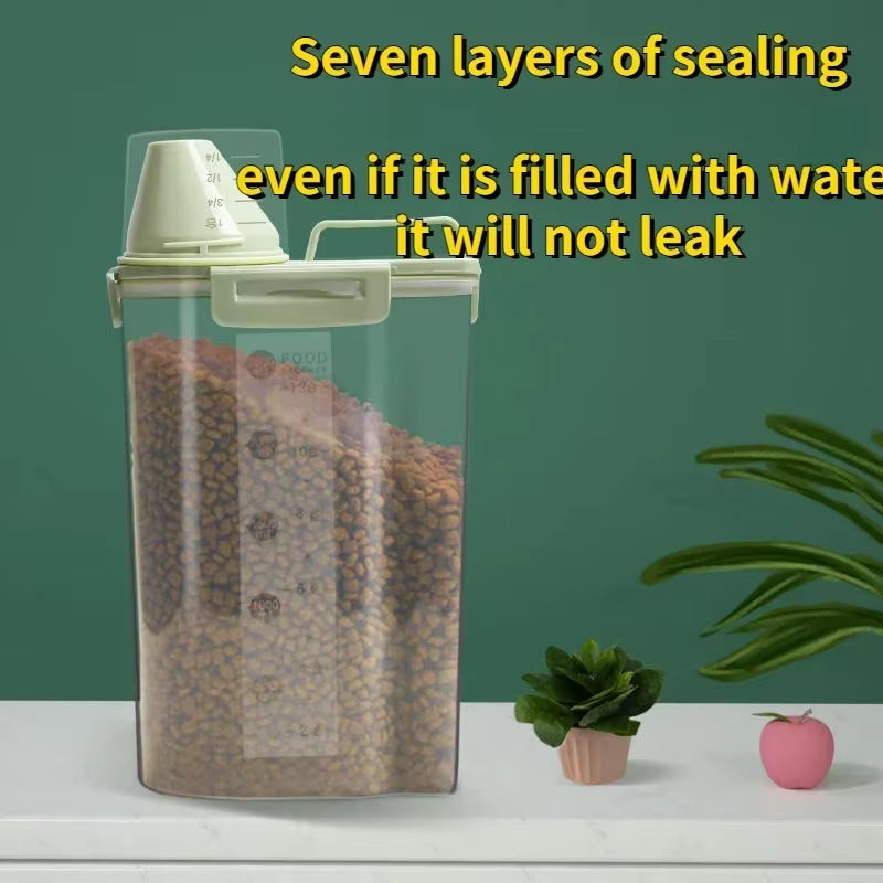 Cubo de plástico para almacenar comida para perros y gatos de 1,5 kg/2 kg con recipiente medidor